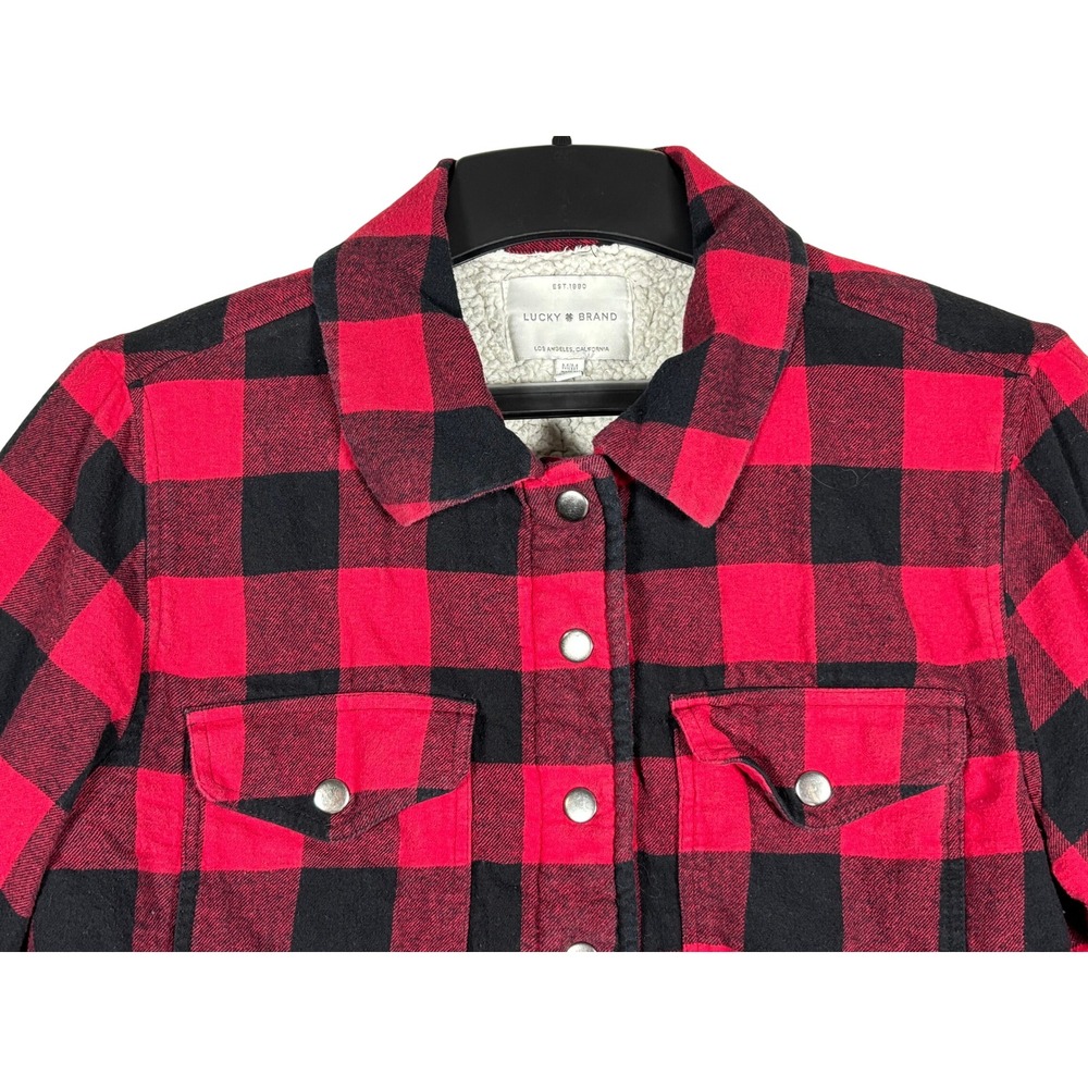 Lucky Brand Red Black Buffalo Plaid Sherpa Lined Shirt Jacket Shacket Mens M‎